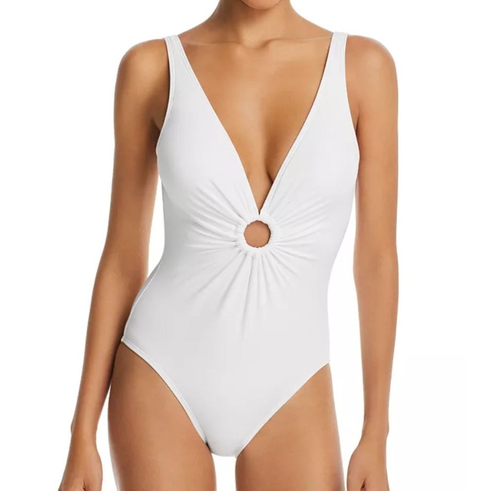 Carmen Marc Valvo Sexy White 1pc Deep V Swimsuit